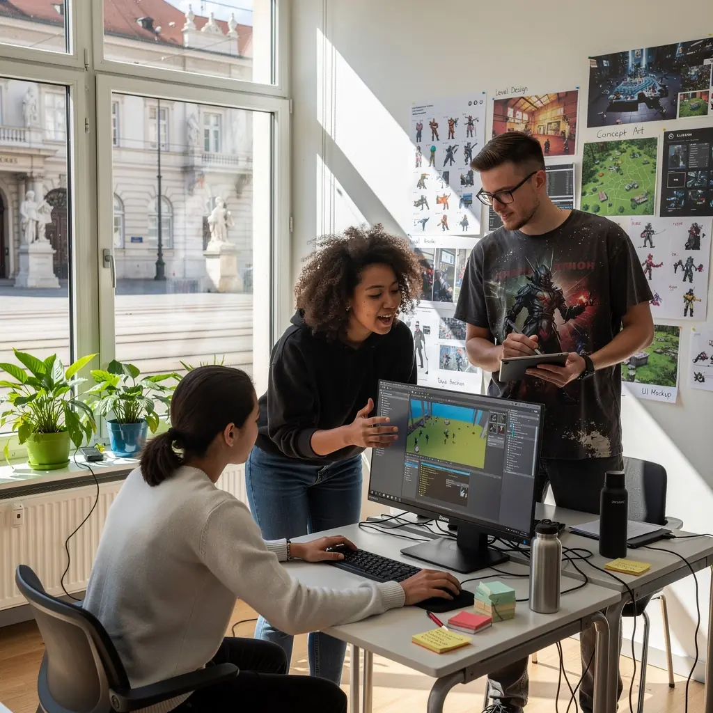 Eine Präsentation über Spielgestaltung mit Grafiken und Konzeptzeichnungen für ein neues Spiel.