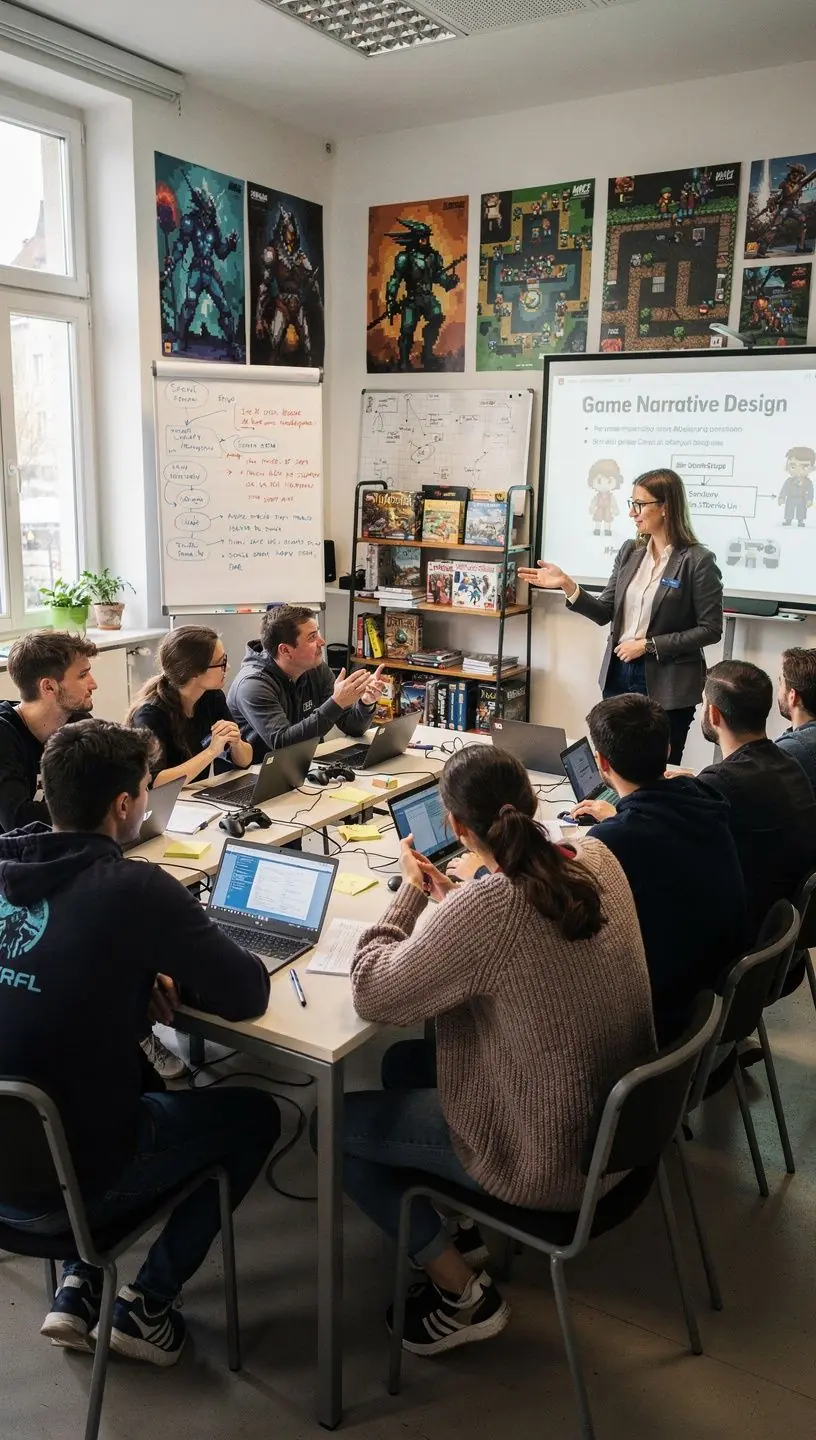Ein interaktives Whiteboard zeigt verschiedene Level-Designs und Konzepte.