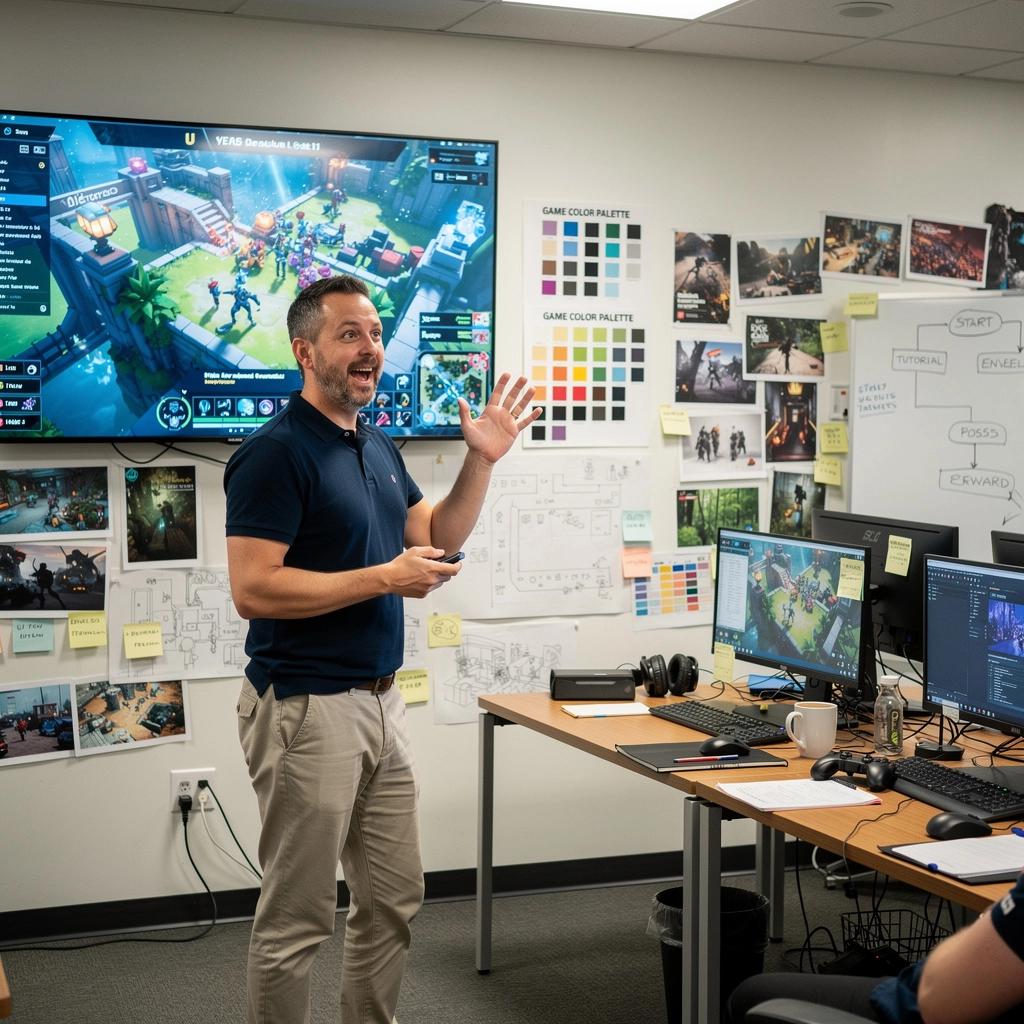 Ein Lehrer erklärt die Grundlagen des Game Designs vor einer Klasse.